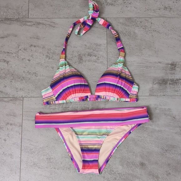 Victorias Secret Bikini Set Striped Wirefree Halter Foldover Push Up Metallic - Picture 6 of 12